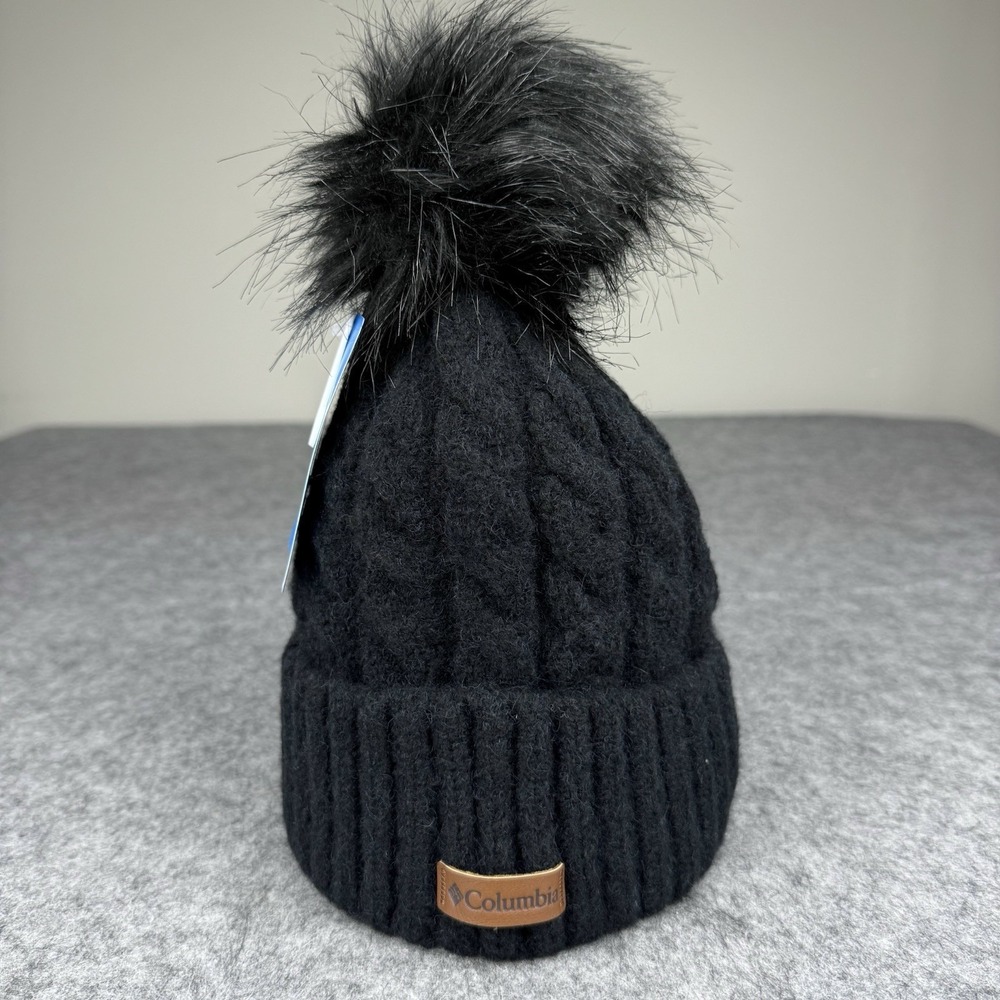 Columbia NWT Women's Beanie Fleece Lined Black Cuffed Cable Knit Pom Winter
